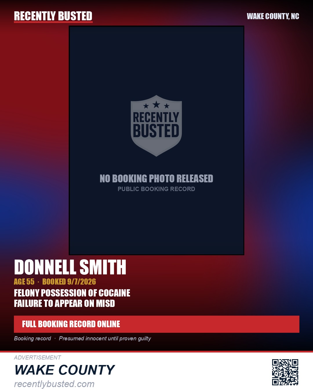 DONNELL SMITH — arrest record card, Wake County, North Carolina