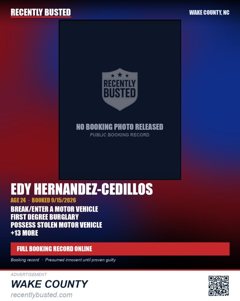 EDY HERNANDEZ-CEDILLOS — arrest record card, Wake County, North Carolina