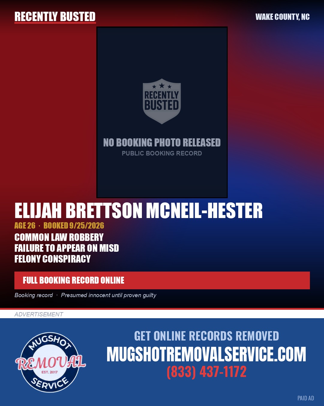 ELIJAH BRETTSON MCNEIL-HESTER — arrest record card, Wake County, North Carolina