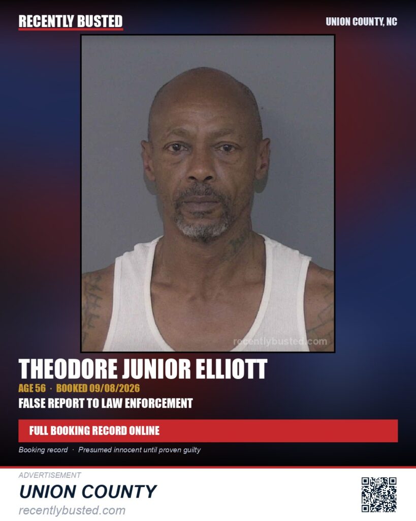 ELLIOTT, THEODORE JUNIOR — arrest record card, Union County, North Carolina