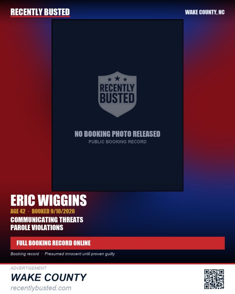 ERIC WIGGINS — arrest record card, Wake County, North Carolina