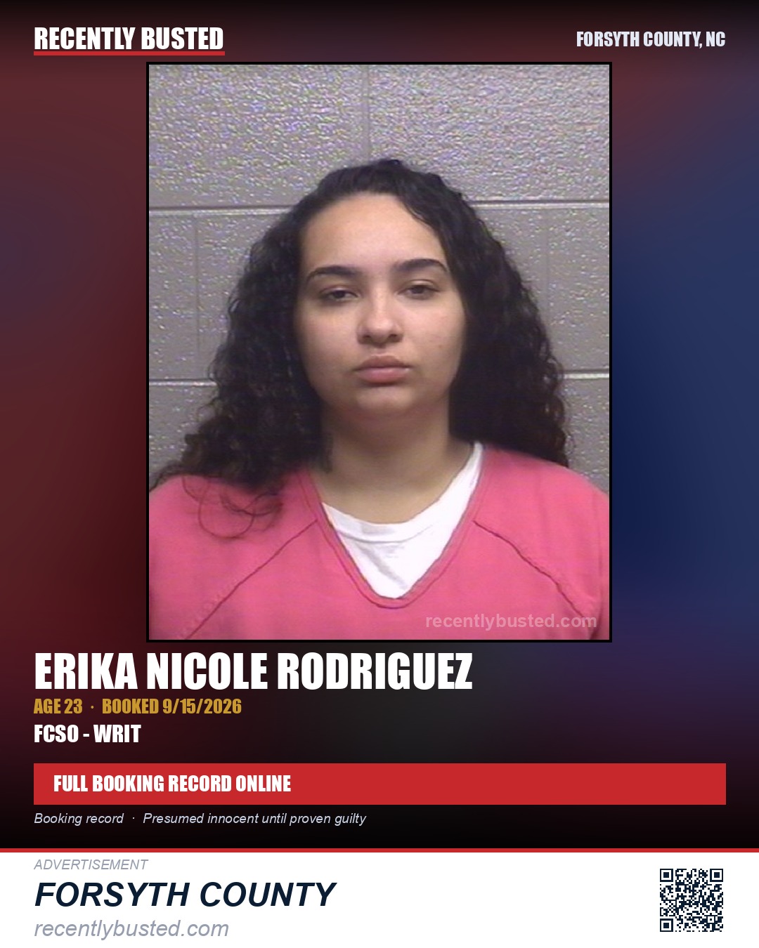 ERIKA NICOLE RODRIGUEZ — arrest record card, Forsyth County, North Carolina