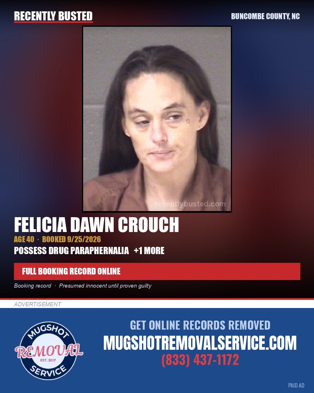 FELICIA DAWN CROUCH — arrest record card, Buncombe County, North Carolina