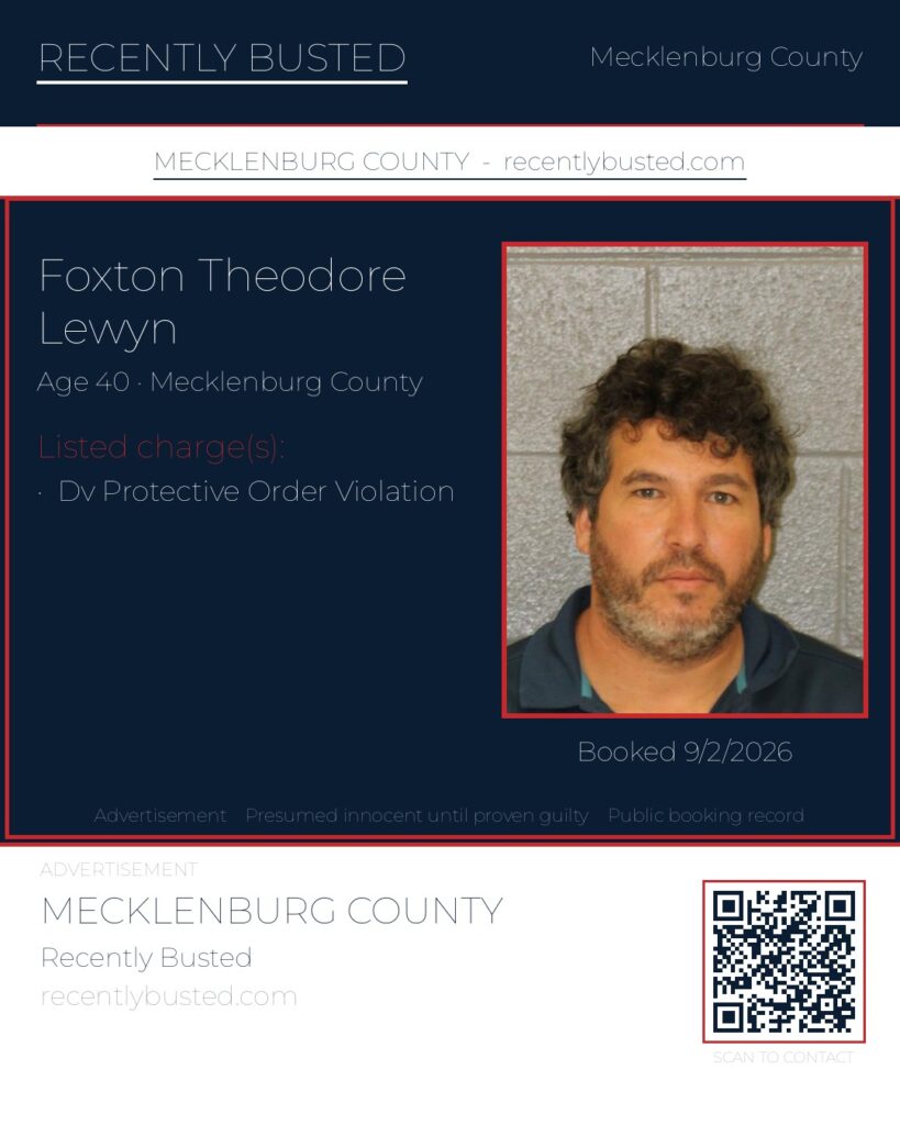 FOXTON THEODORE LEWYN — arrest record card, Mecklenburg County, North Carolina