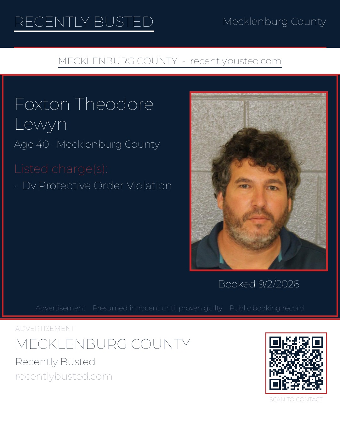 FOXTON THEODORE LEWYN — arrest record card, Mecklenburg County, North Carolina