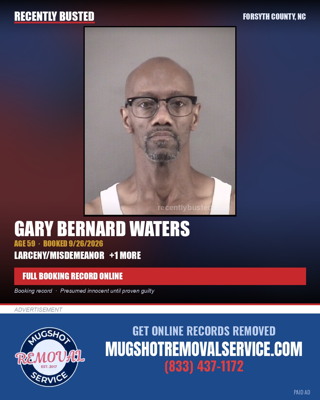 GARY BERNARD WATERS — arrest record card, Forsyth County, North Carolina