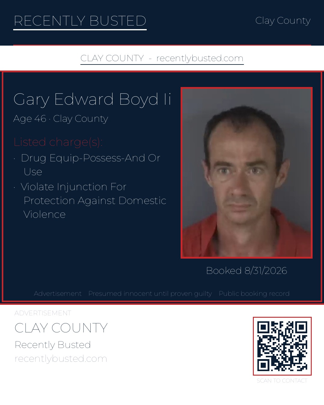 GARY EDWARD BOYD II — arrest record card, Clay County, Florida
