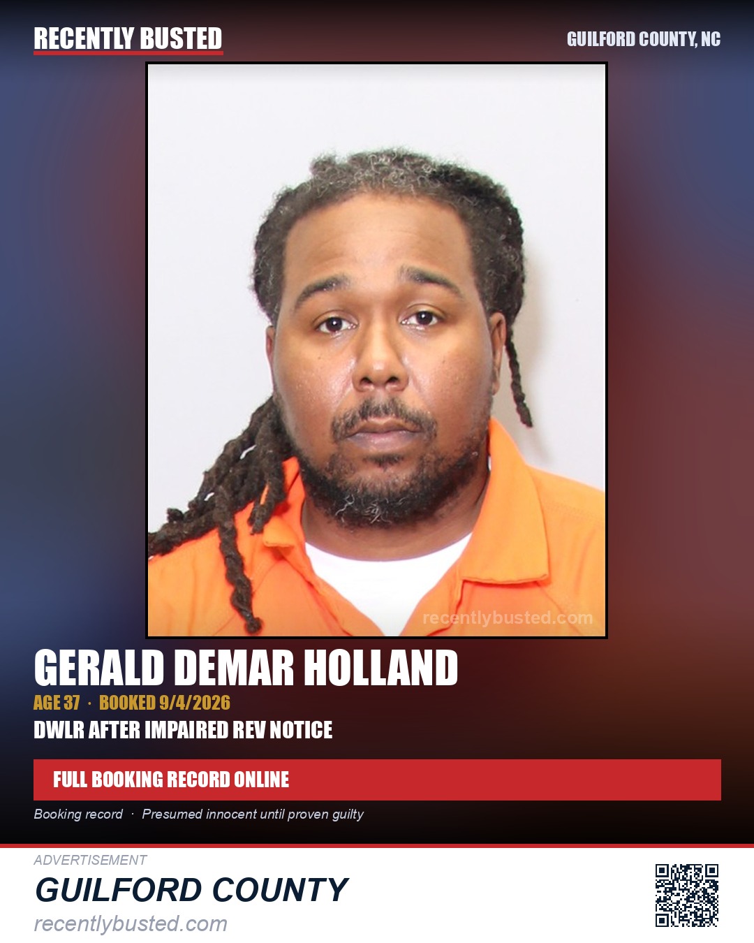 GERALD DEMAR HOLLAND — arrest record card, Guilford County, North Carolina