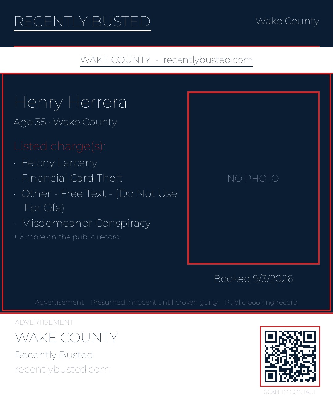 HENRY HERRERA — arrest record card, Wake County, North Carolina