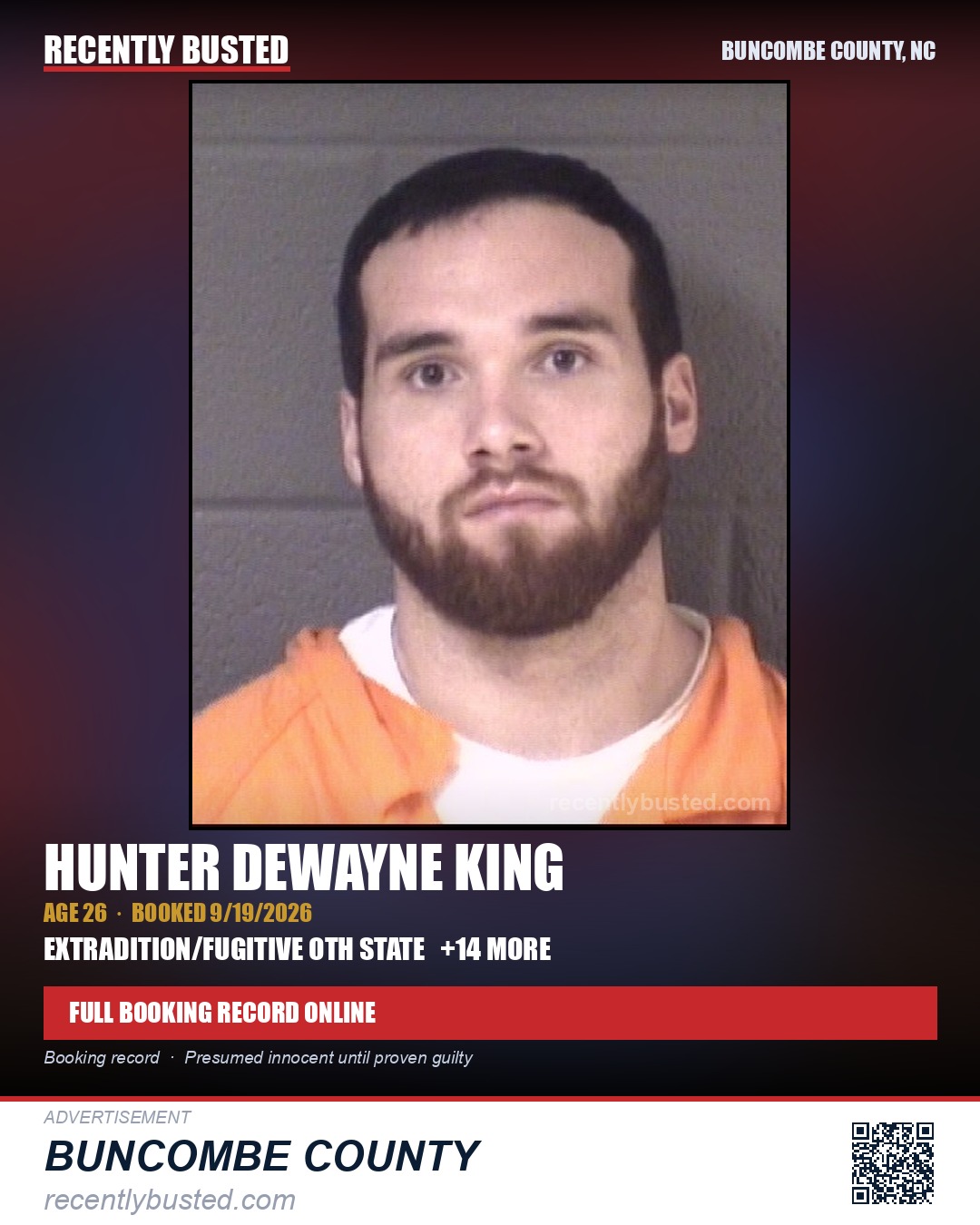 HUNTER DEWAYNE KING — arrest record card, Buncombe County, North Carolina