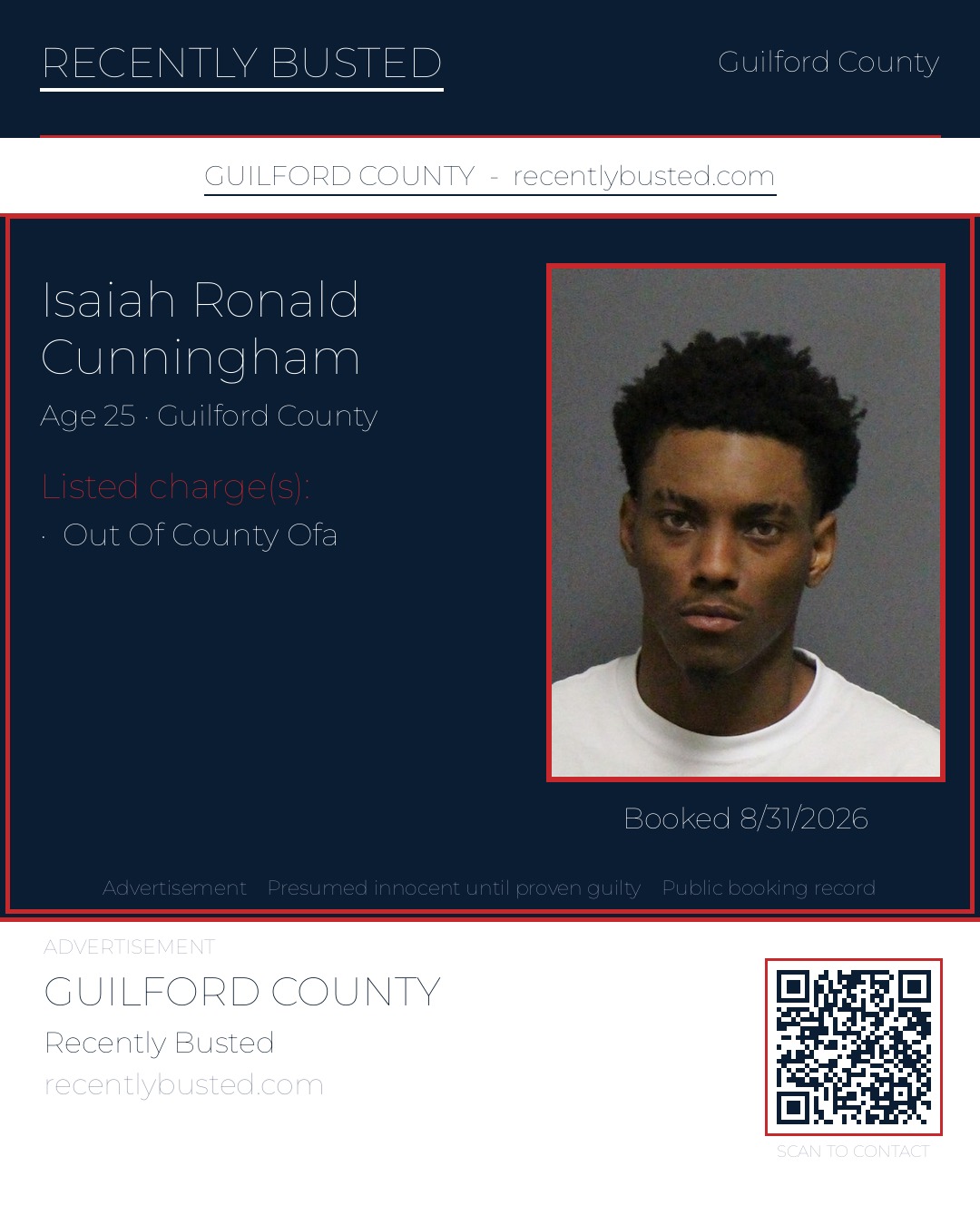 ISAIAH RONALD CUNNINGHAM — arrest record card, Guilford County, North Carolina
