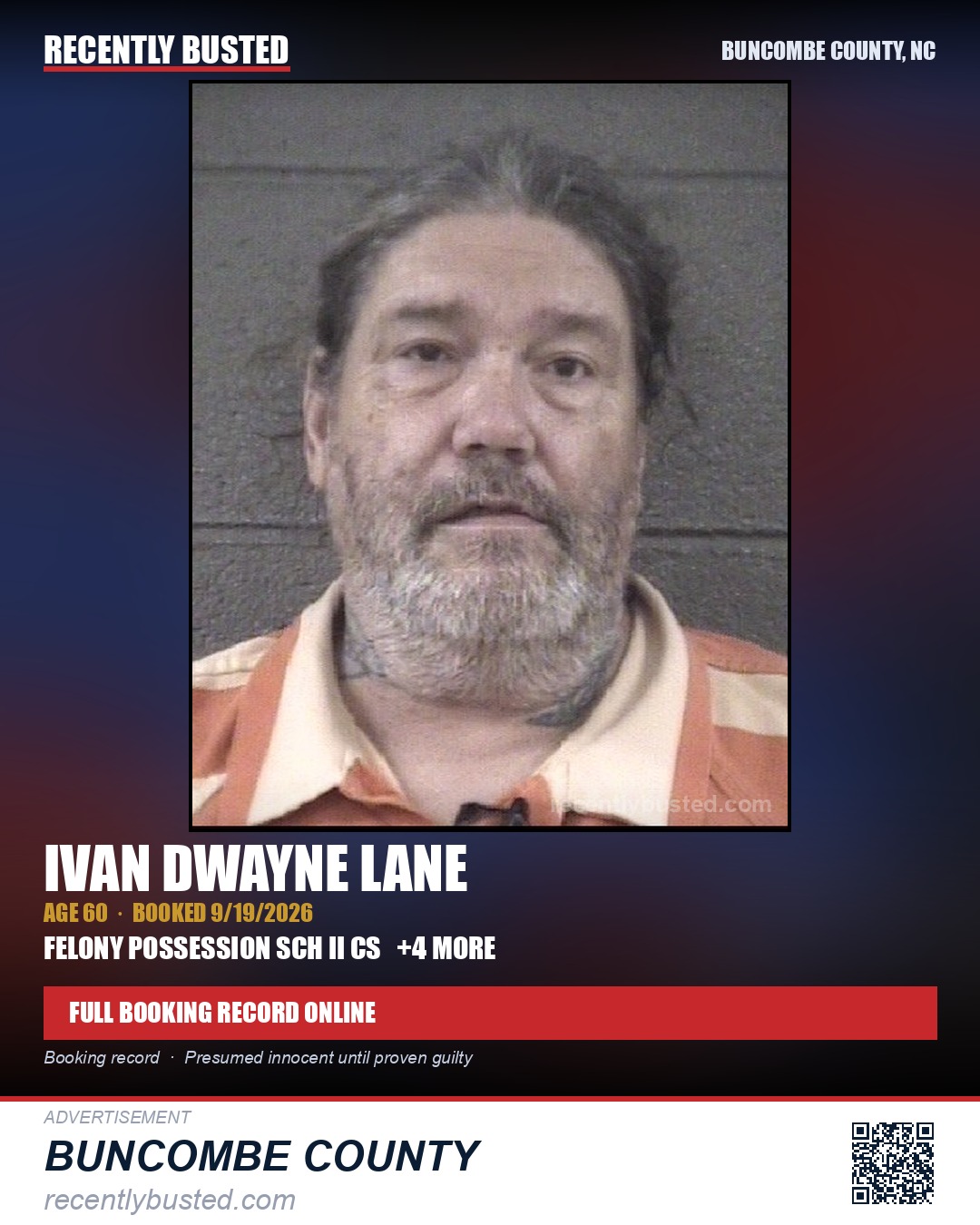 IVAN DWAYNE LANE — arrest record card, Buncombe County, North Carolina