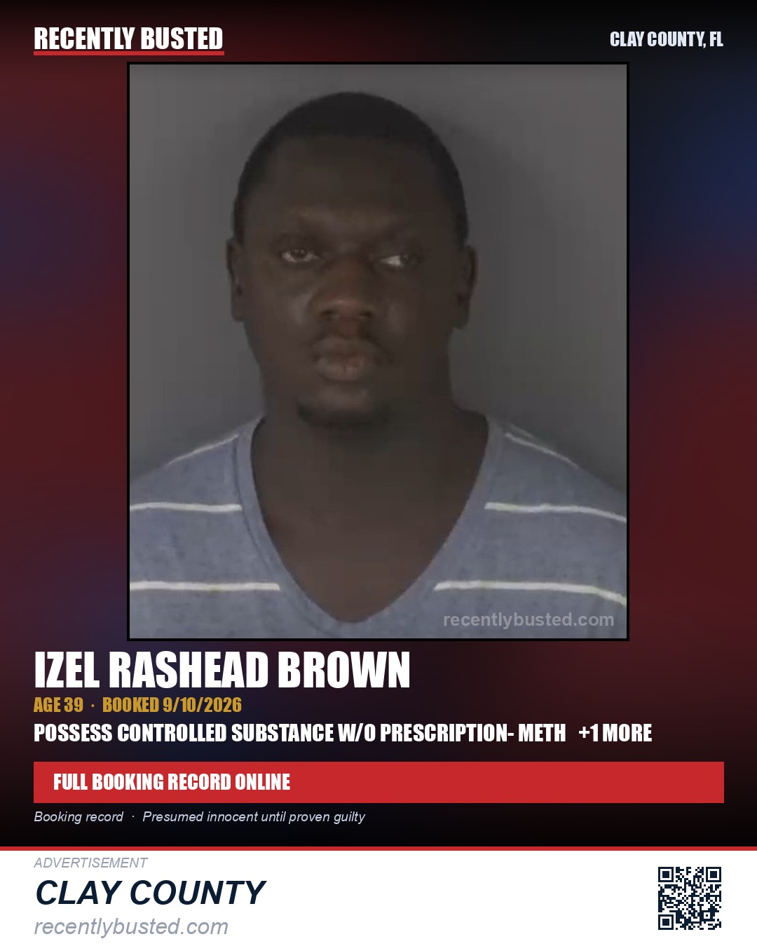 IZEL RASHEAD BROWN — arrest record card, Clay County, Florida