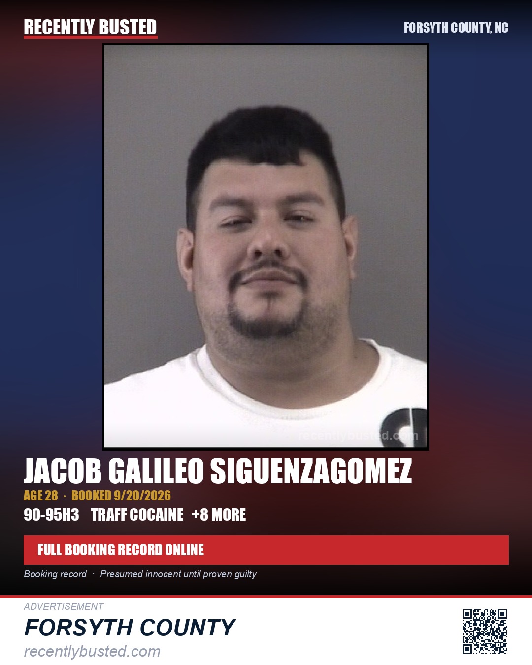 JACOB GALILEO SIGUENZAGOMEZ — arrest record card, Forsyth County, North Carolina