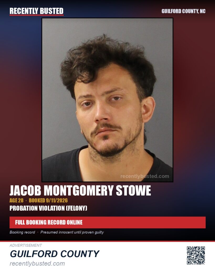 JACOB MONTGOMERY STOWE — arrest record card, Guilford County, North Carolina