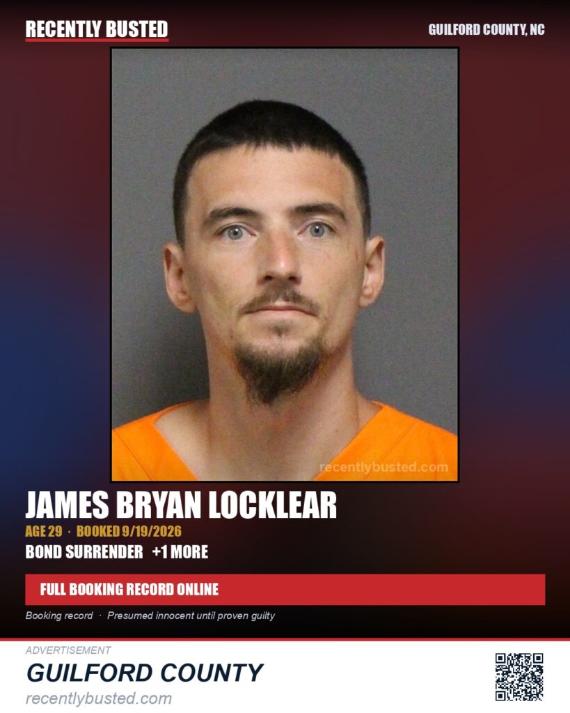 JAMES BRYAN LOCKLEAR — arrest record card, Guilford County, North Carolina
