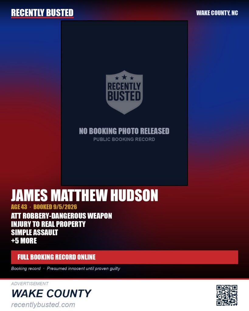 JAMES MATTHEW HUDSON — arrest record card, Wake County, North Carolina