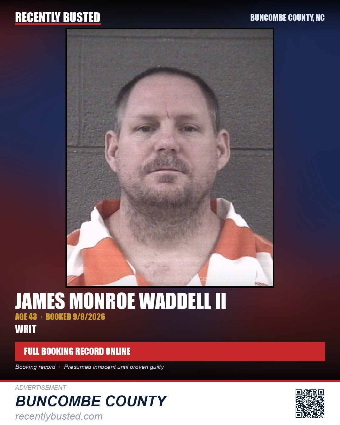 JAMES MONROE WADDELL II — arrest record card, Buncombe County, North Carolina