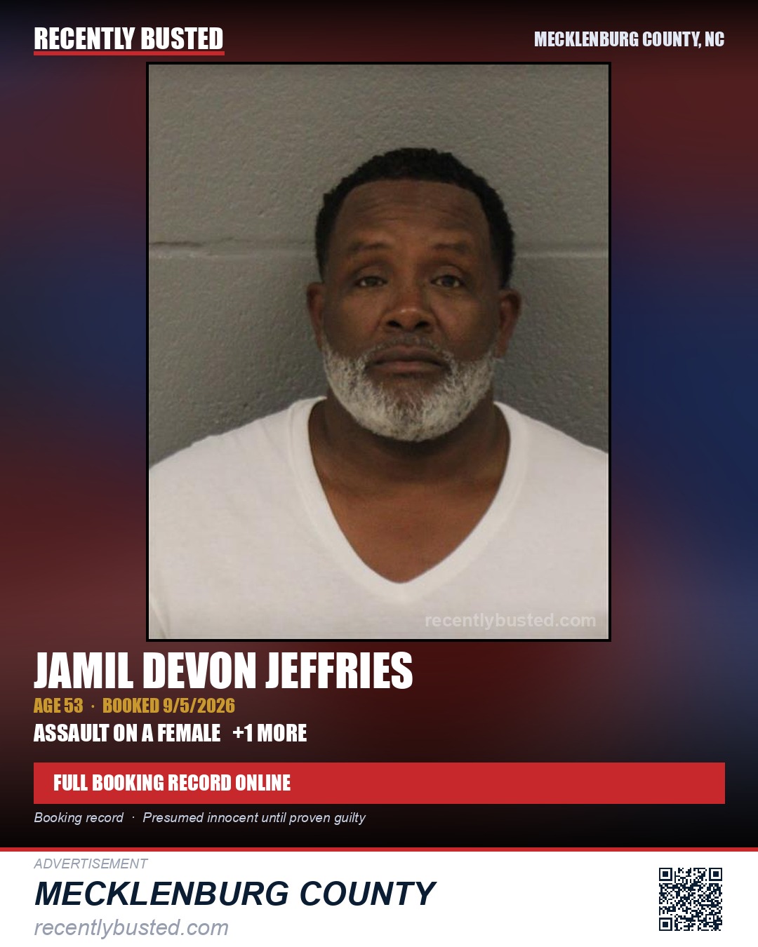 JAMIL DEVON JEFFRIES — arrest record card, Mecklenburg County, North Carolina