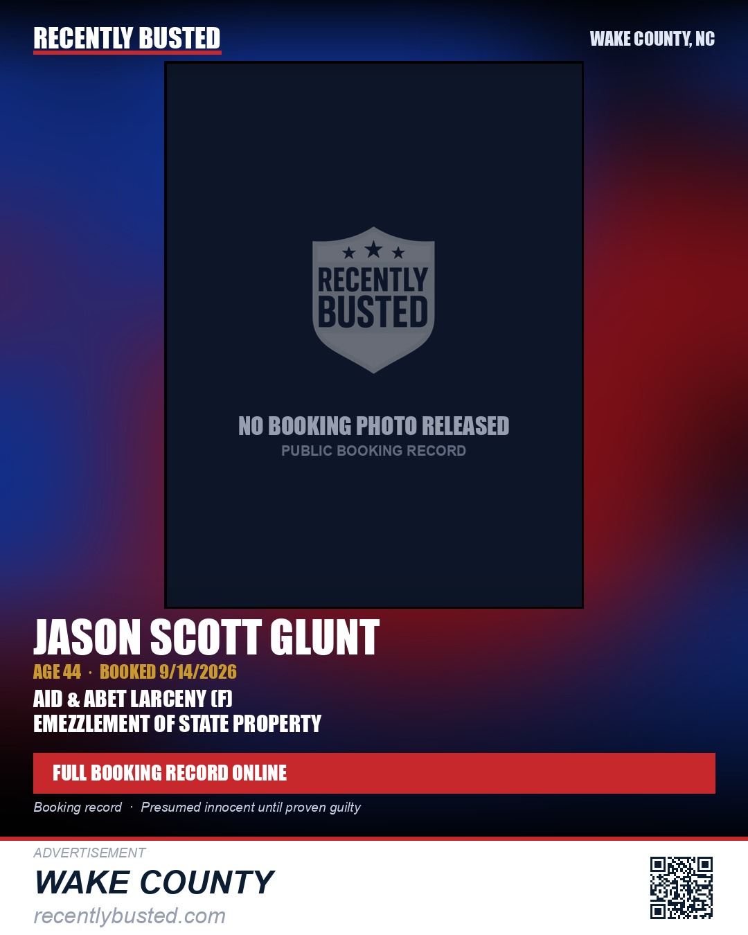JASON SCOTT GLUNT — arrest record card, Wake County, North Carolina