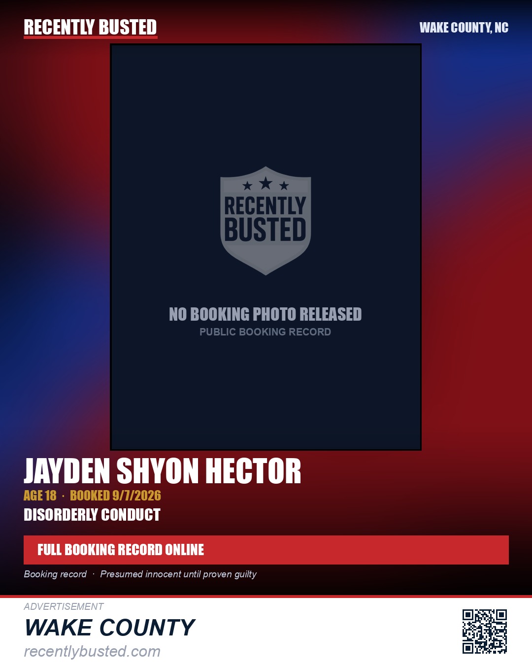 JAYDEN SHYON HECTOR — arrest record card, Wake County, North Carolina