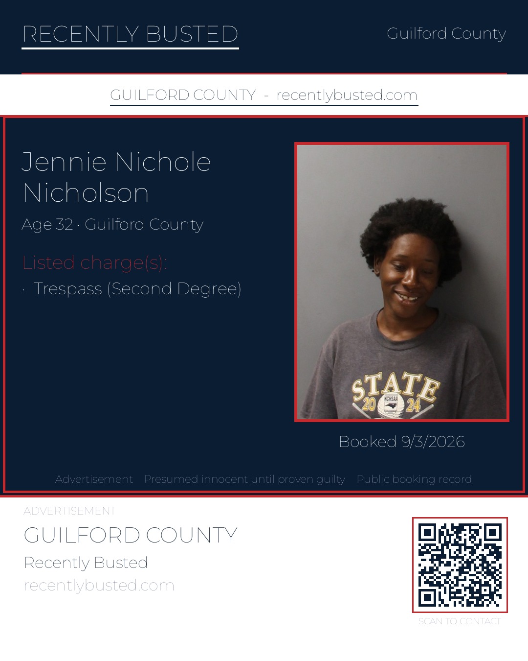 JENNIE NICHOLE NICHOLSON — arrest record card, Guilford County, North Carolina