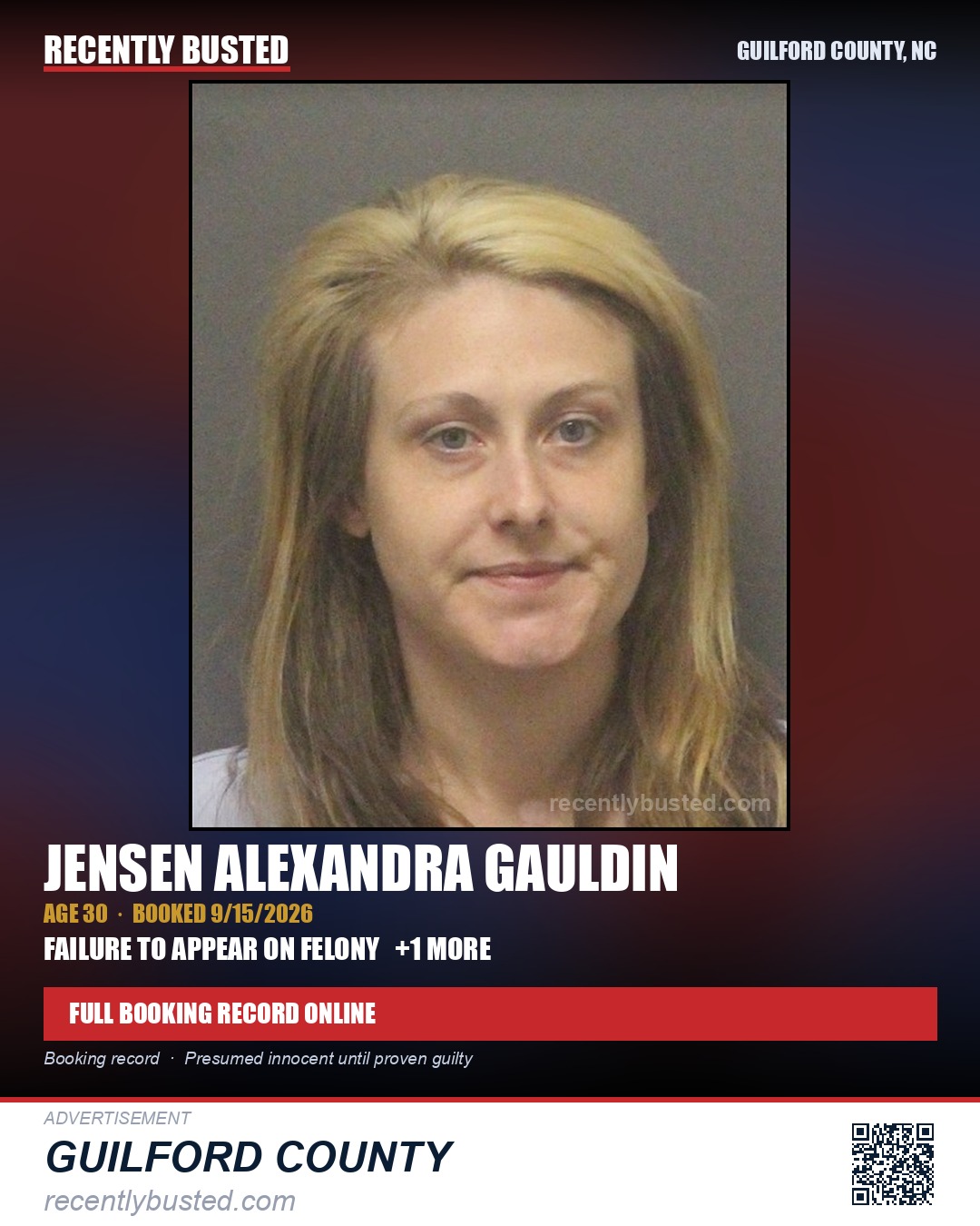 JENSEN ALEXANDRA GAULDIN — arrest record card, Guilford County, North Carolina