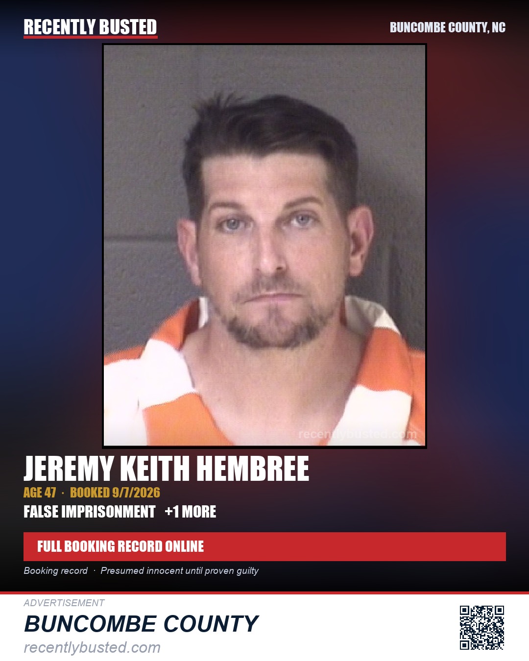 JEREMY KEITH HEMBREE — arrest record card, Buncombe County, North Carolina