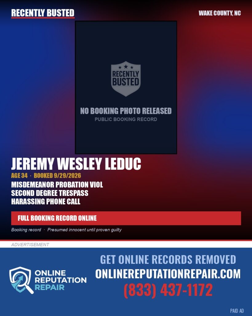 JEREMY WESLEY LEDUC — arrest record card, Wake County, North Carolina