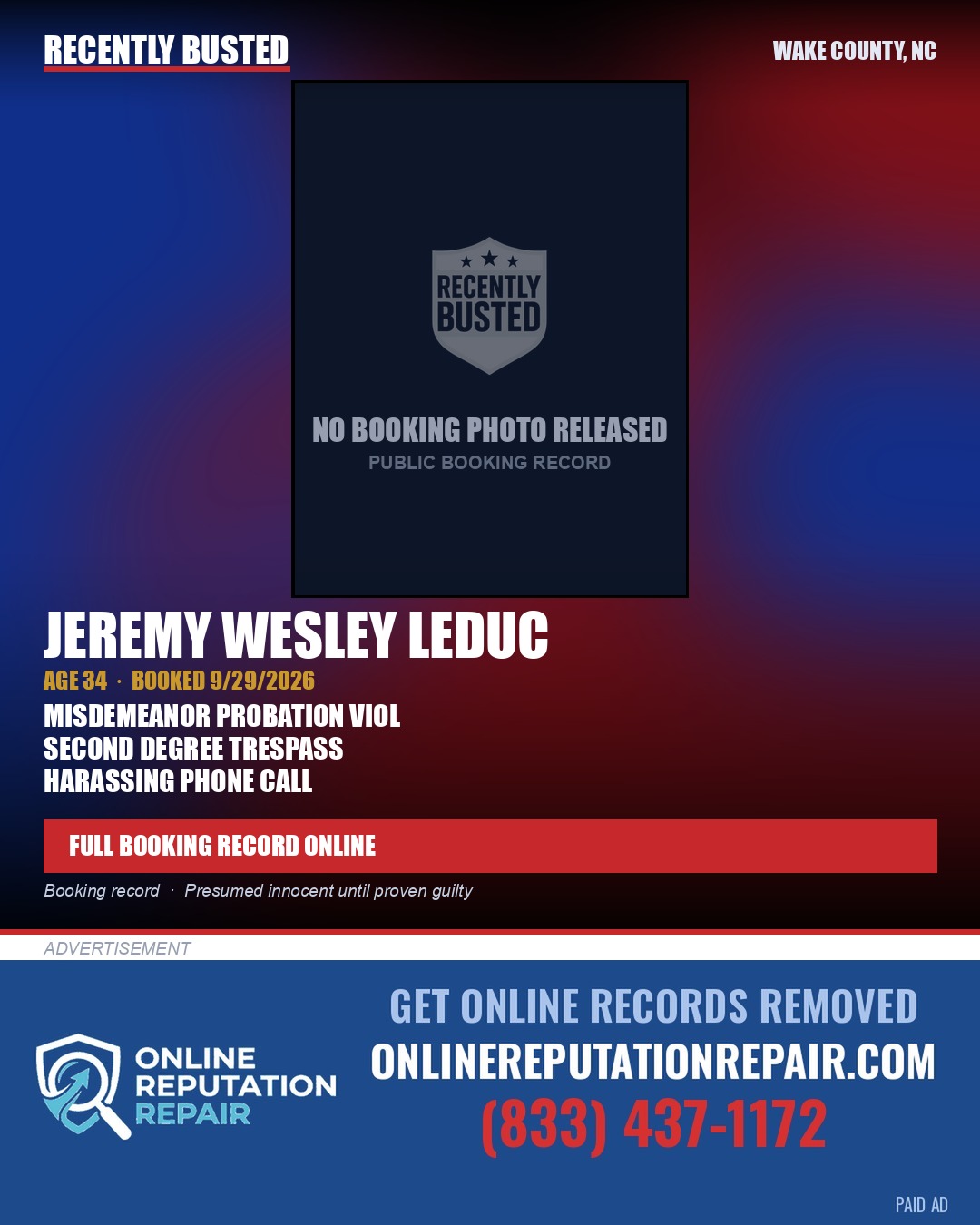 JEREMY WESLEY LEDUC — arrest record card, Wake County, North Carolina