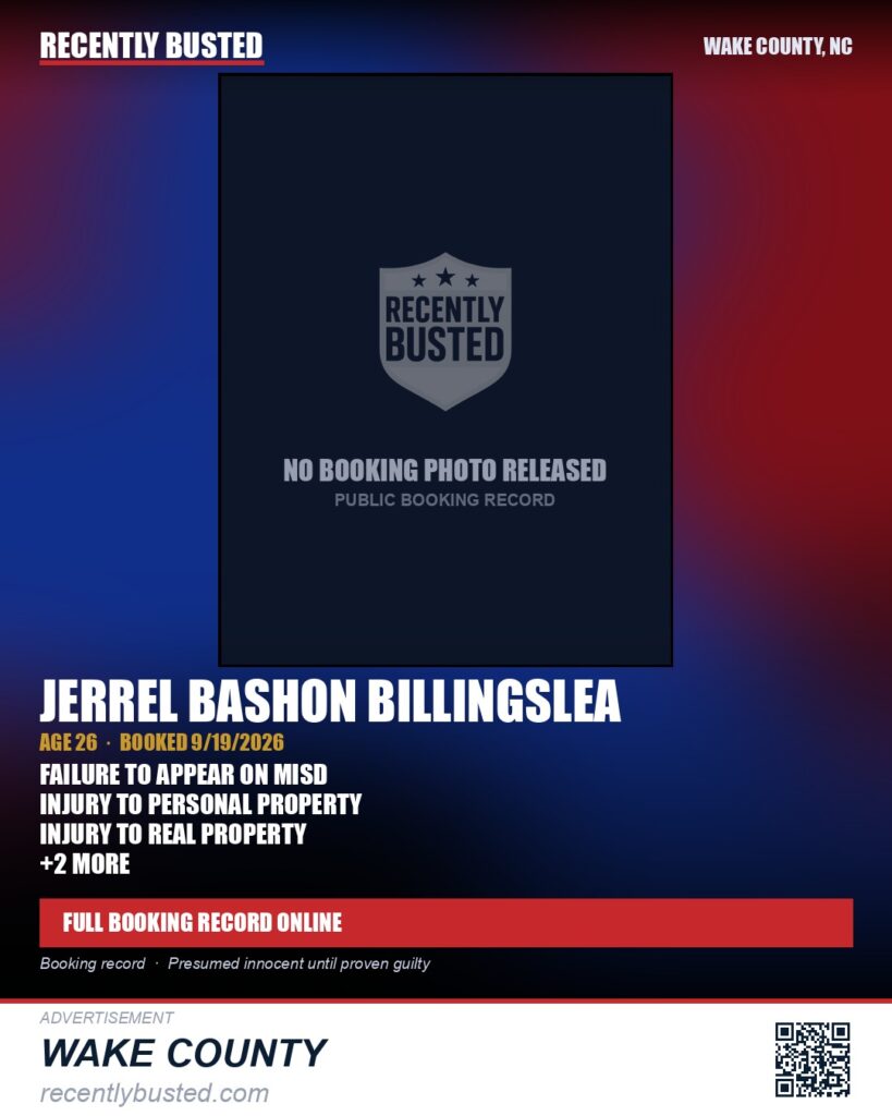 JERREL BASHON BILLINGSLEA — arrest record card, Wake County, North Carolina