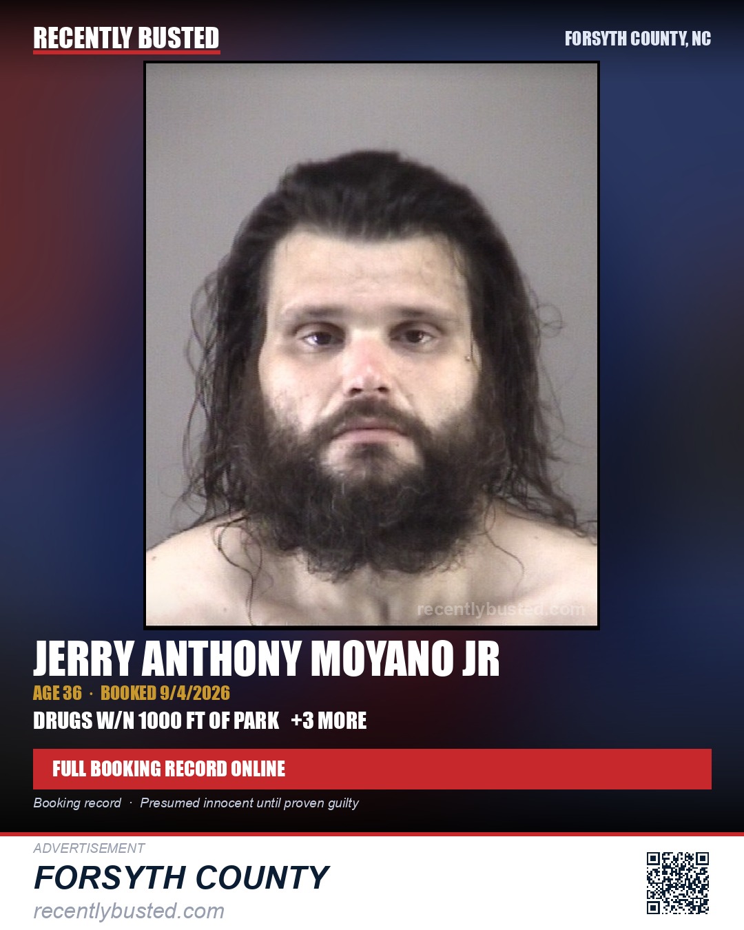 JERRY ANTHONY MOYANO JR — arrest record card, Forsyth County, North Carolina