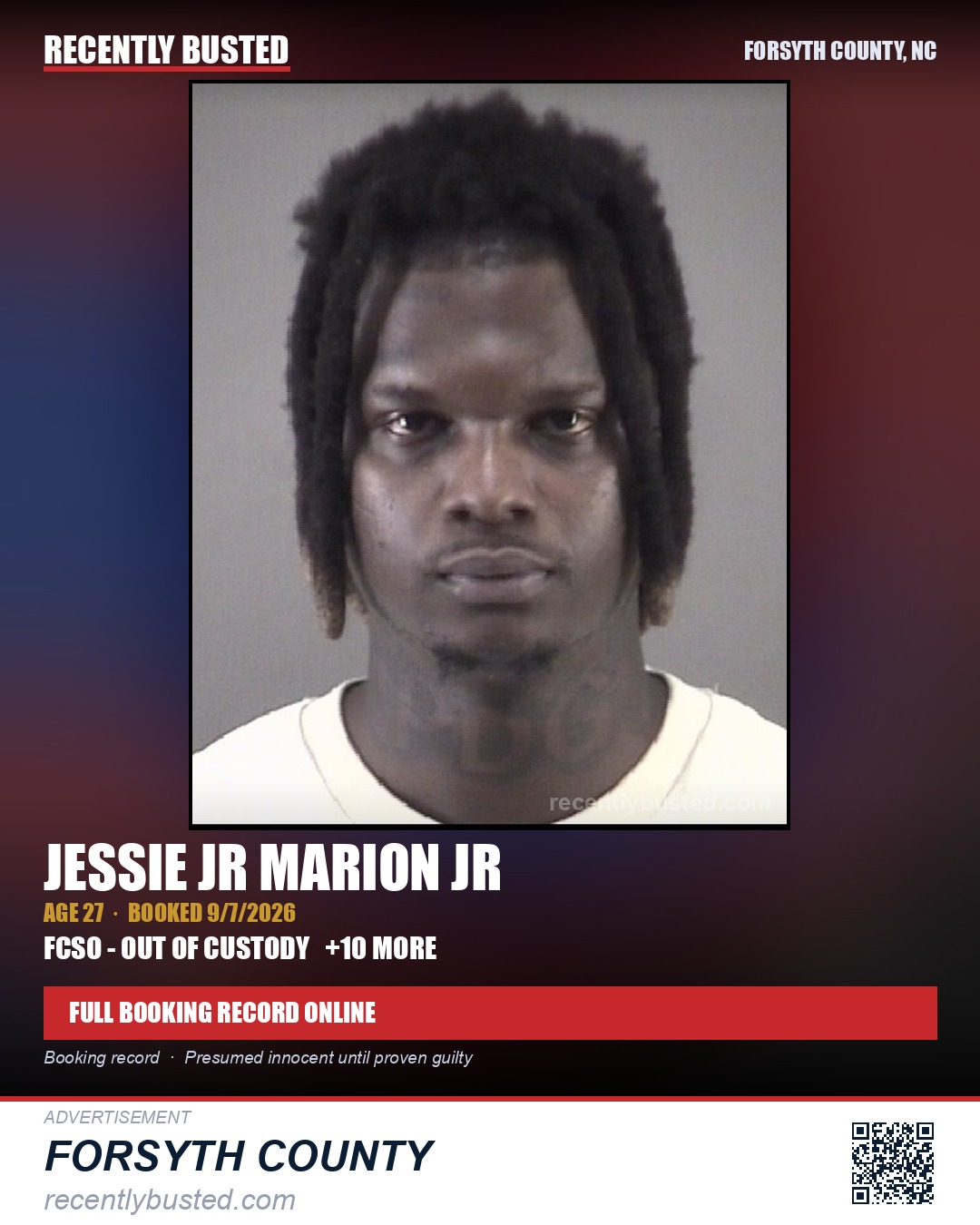 JESSIE JR MARION JR — arrest record card, Forsyth County, North Carolina