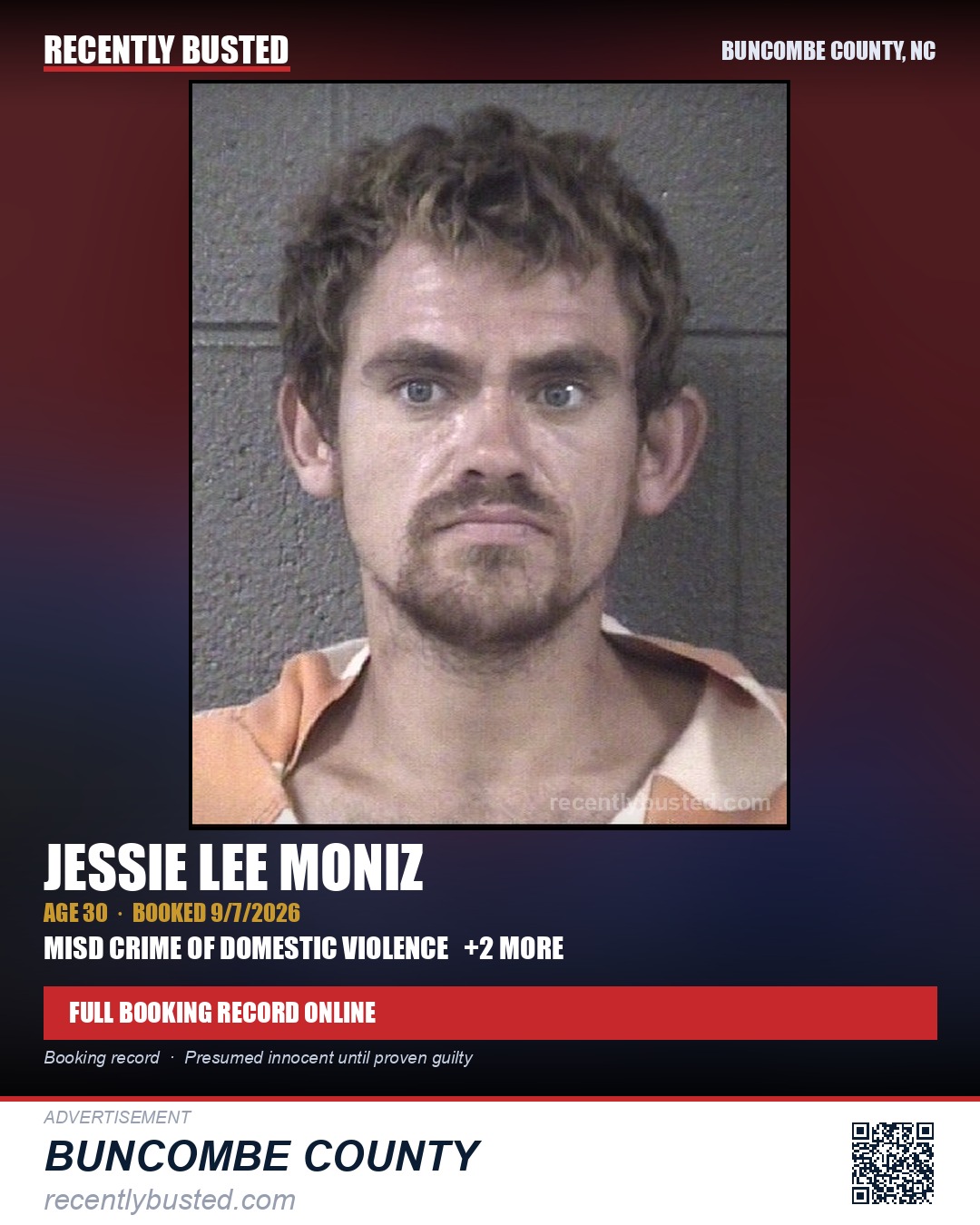 JESSIE LEE MONIZ — arrest record card, Buncombe County, North Carolina