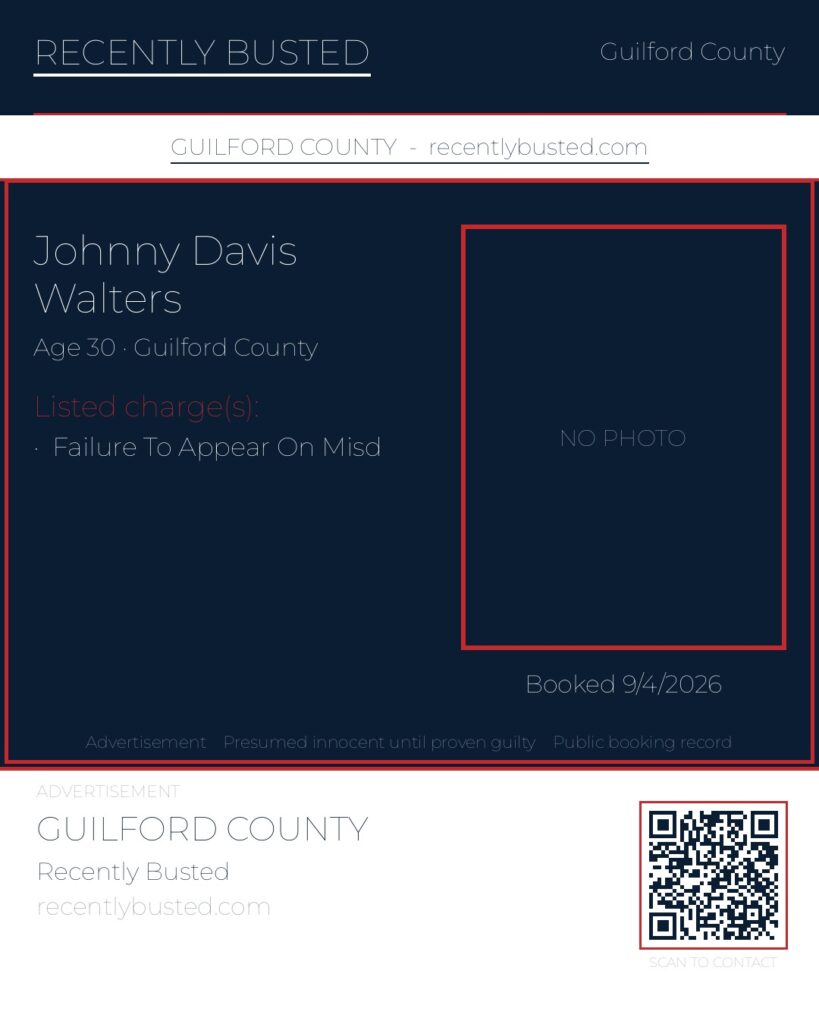 JOHNNY DAVIS WALTERS — arrest record card, Guilford County, North Carolina