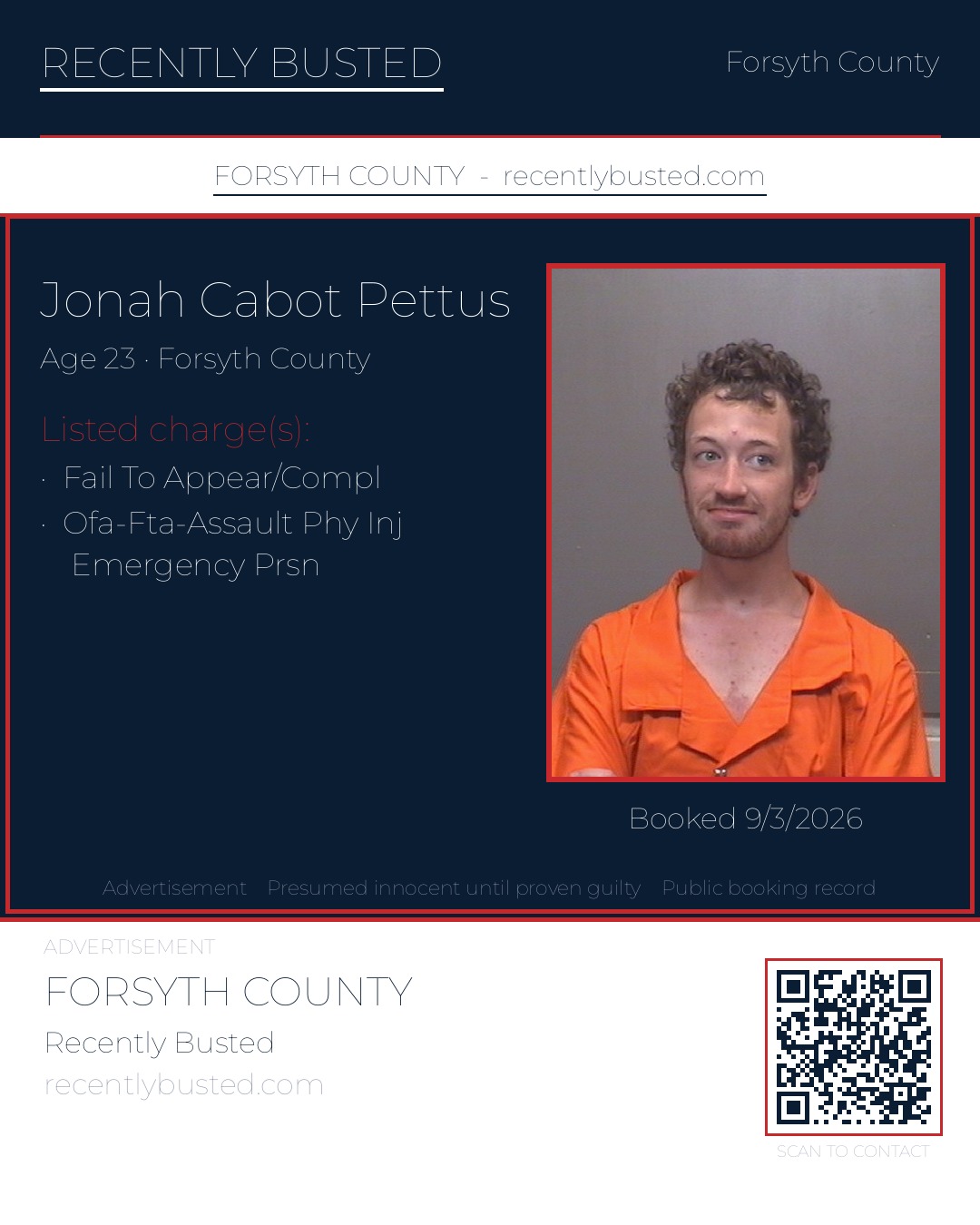 JONAH CABOT PETTUS — arrest record card, Forsyth County, North Carolina