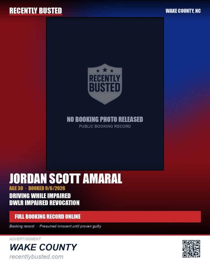 JORDAN SCOTT AMARAL — arrest record card, Wake County, North Carolina