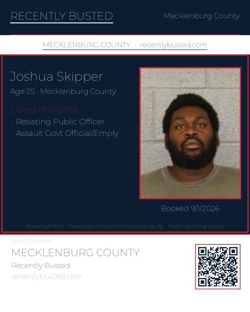 JOSHUA SKIPPER — arrest record card, Mecklenburg County, North Carolina