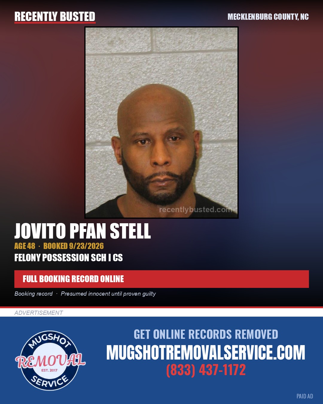 JOVITO PFAN STELL — arrest record card, Mecklenburg County, North Carolina