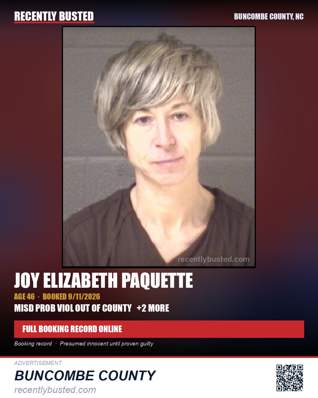JOY ELIZABETH PAQUETTE — arrest record card, Buncombe County, North Carolina