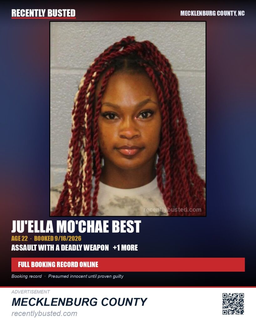 JU'ELLA MO'CHAE BEST — arrest record card, Mecklenburg County, North Carolina
