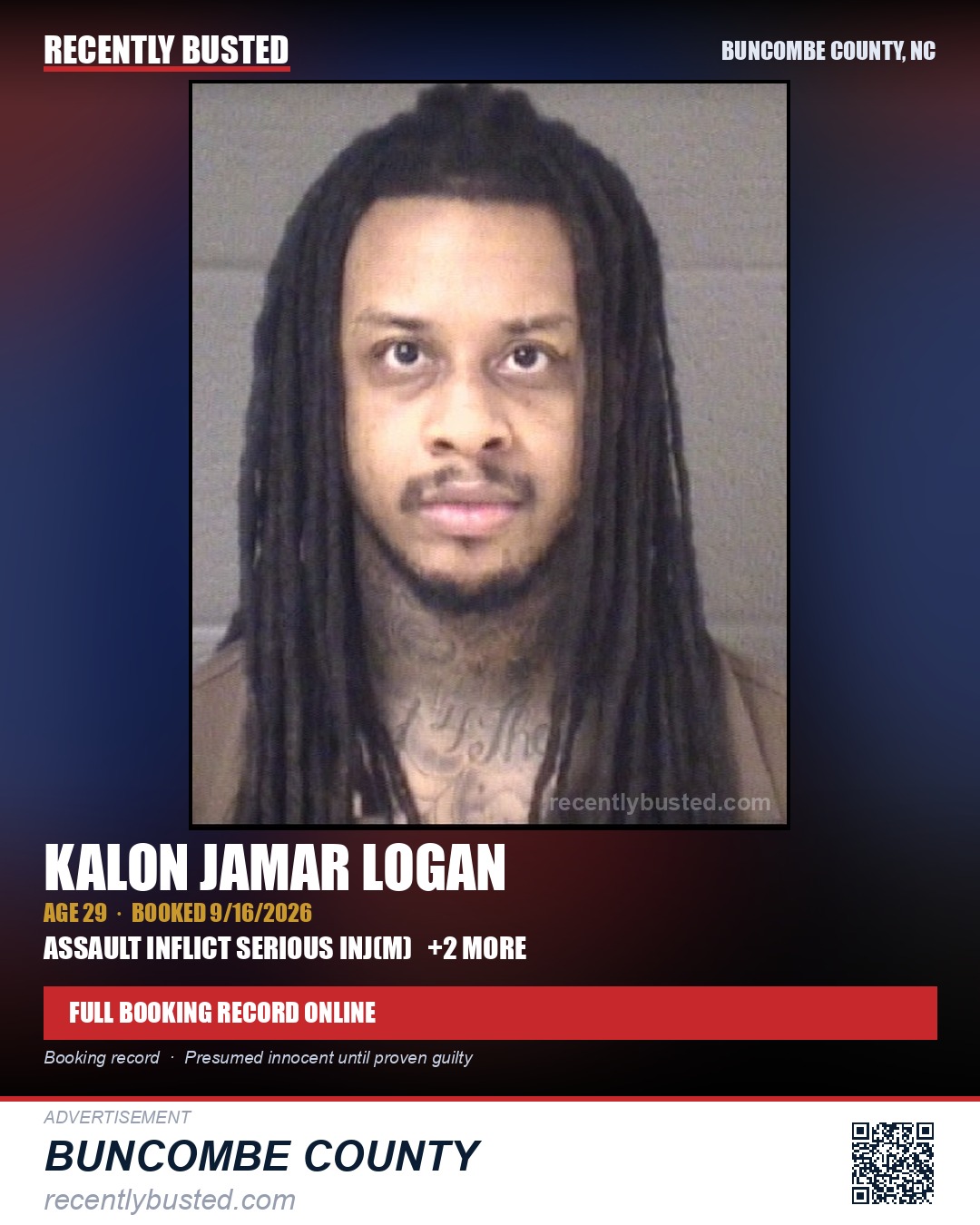 KALON JAMAR LOGAN — arrest record card, Buncombe County, North Carolina