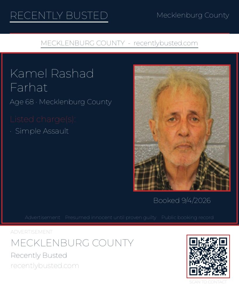 KAMEL RASHAD FARHAT — arrest record card, Mecklenburg County, North Carolina