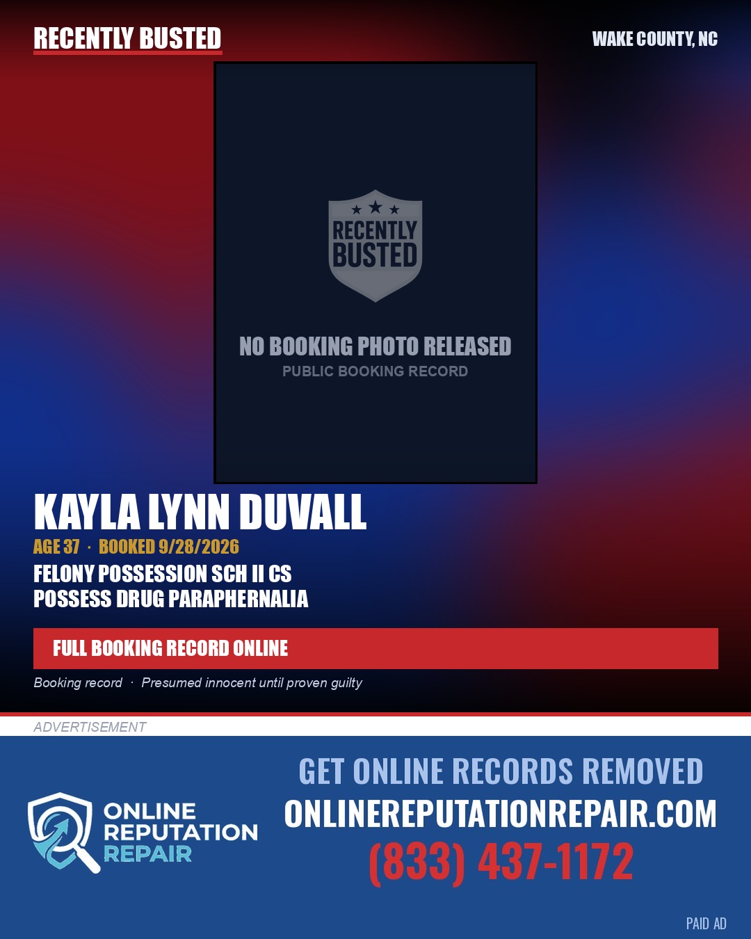 KAYLA LYNN DUVALL — arrest record card, Wake County, North Carolina