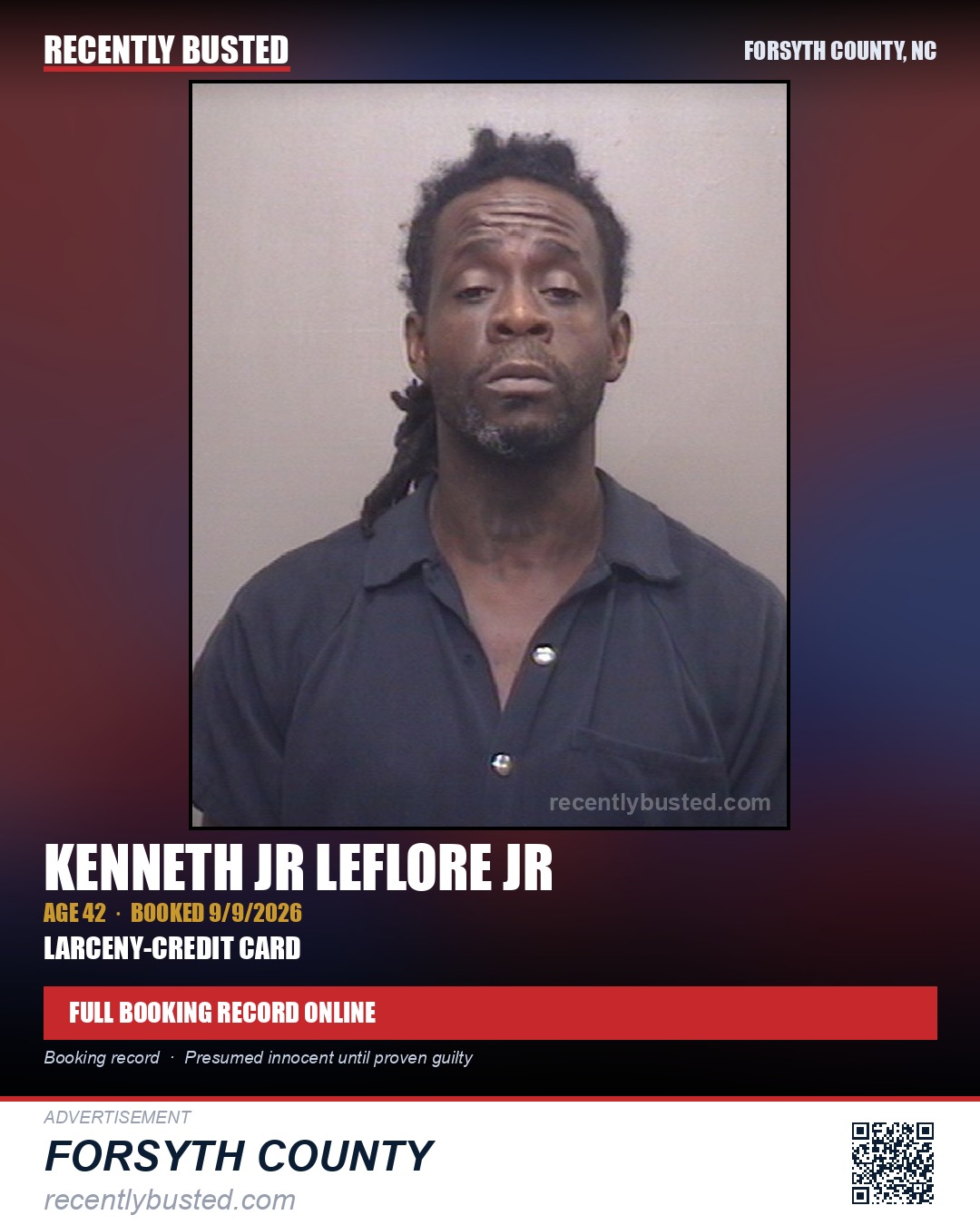 KENNETH JR LEFLORE JR — arrest record card, Forsyth County, North Carolina