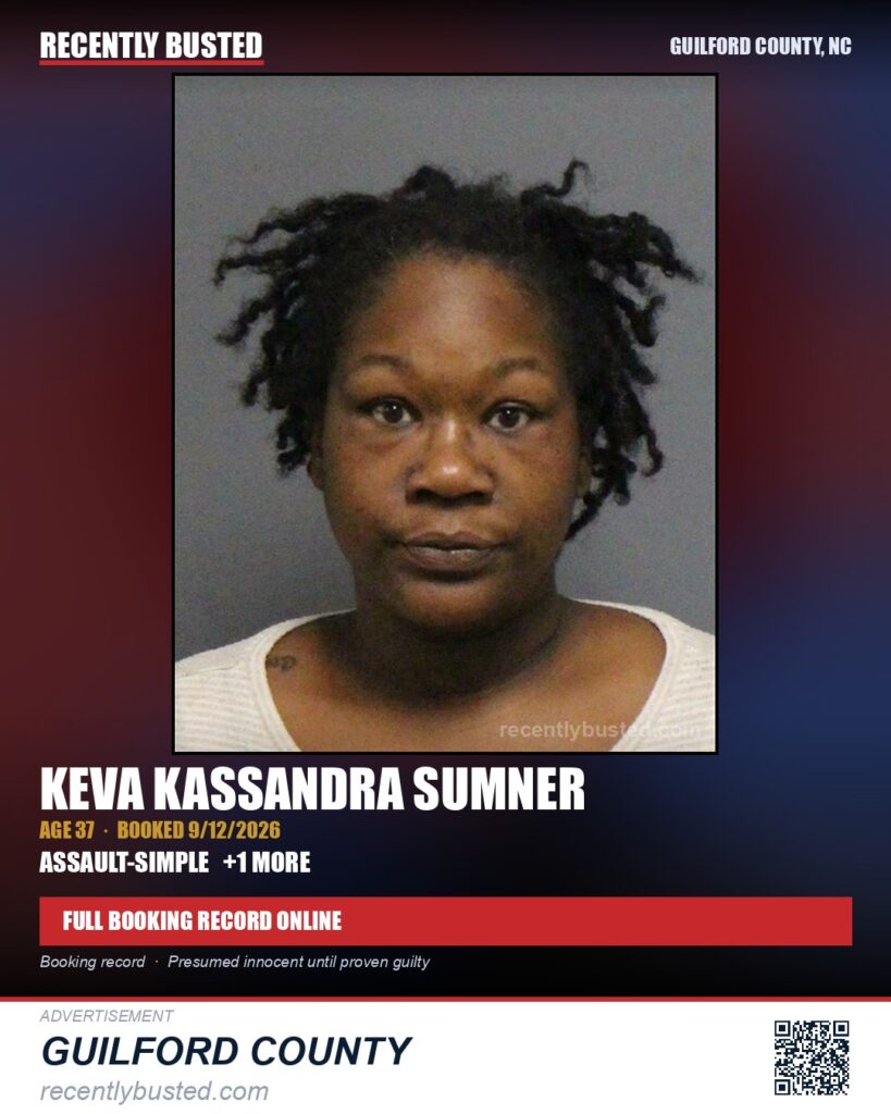 KEVA KASSANDRA SUMNER — arrest record card, Guilford County, North Carolina