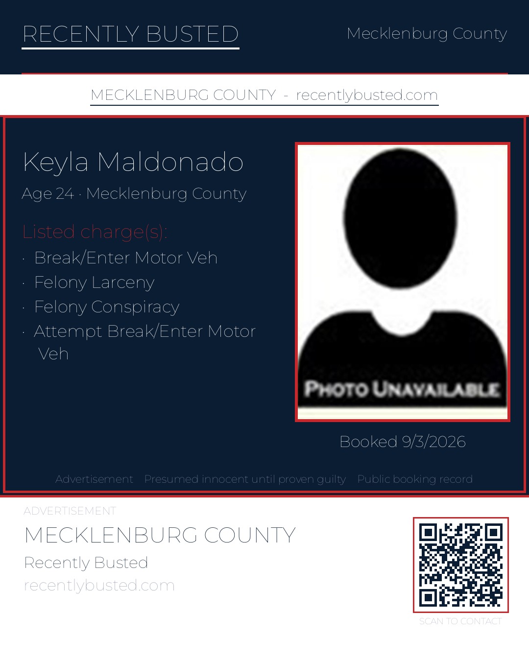 KEYLA MALDONADO — arrest record card, Mecklenburg County, North Carolina