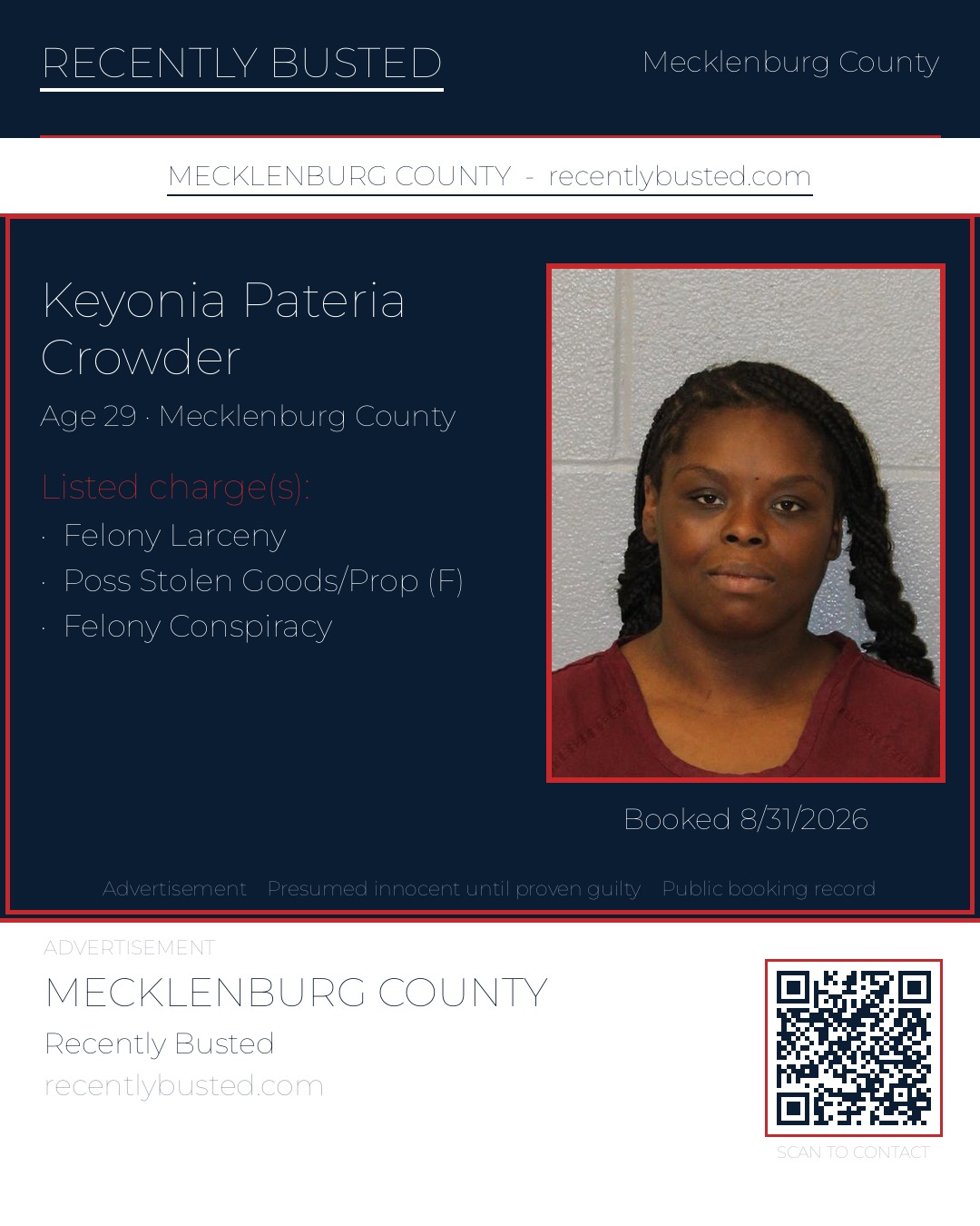 KEYONIA PATERIA CROWDER — arrest record card, Mecklenburg County, North Carolina