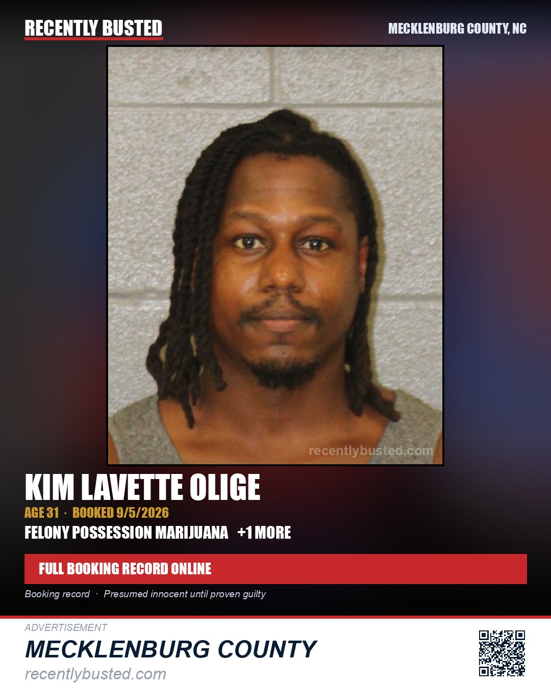 KIM LAVETTE OLIGE — arrest record card, Mecklenburg County, North Carolina