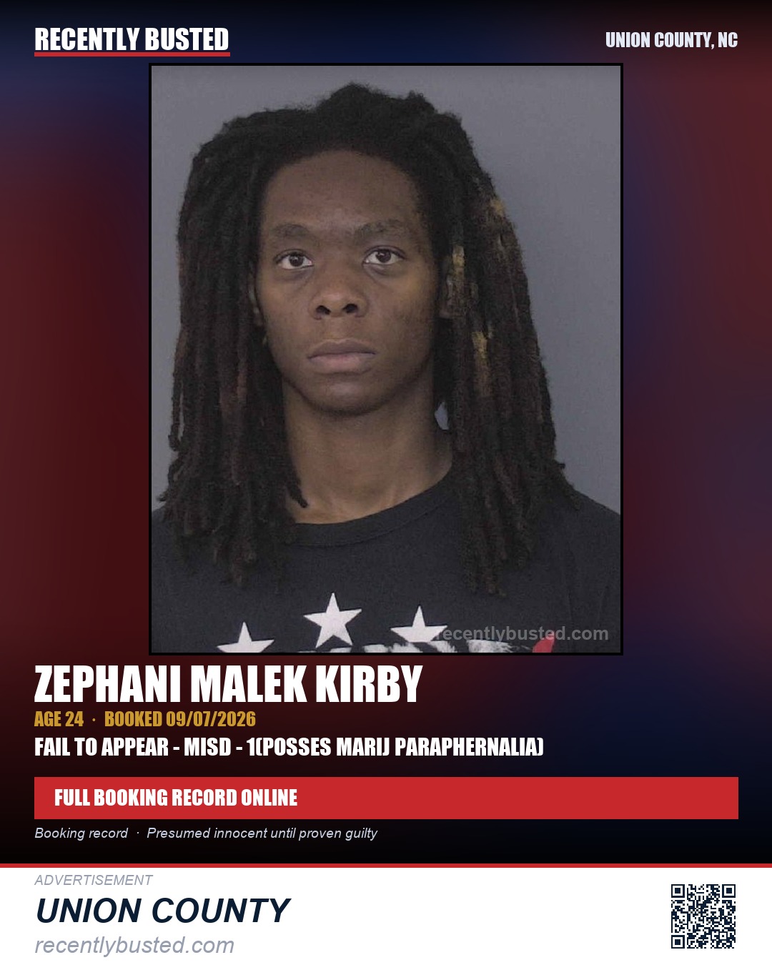 KIRBY, ZEPHANI MALEK — arrest record card, Union County, North Carolina